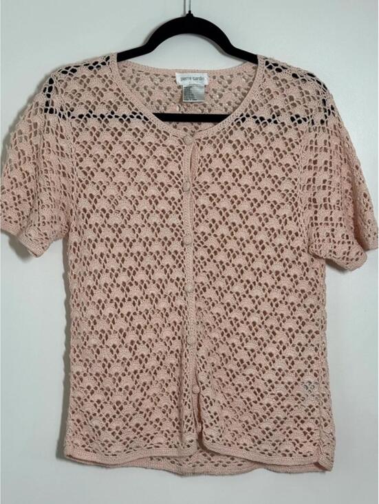 Pierre Cardin Tops - Pierre Cardin Silk Blend Crochet Cardigan Top Beige Size M Vintage